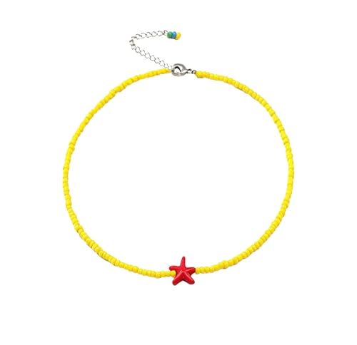 Seed Bead Choker Necklace for Women Bohemian Tiny Beads Choker Colorful Rice Bead Starfish Choker Summer Surfer Beach Necklace Jewelry Gift - color: Yellow