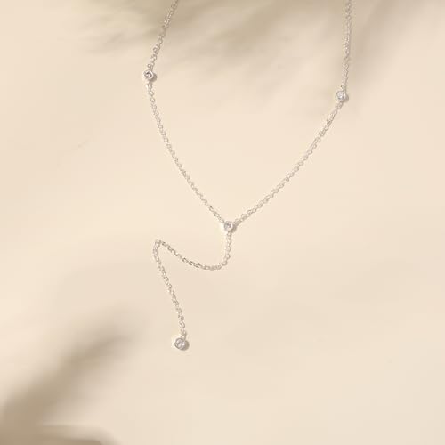 LuckFairy Lariat Necklace for Women，Dainty Gold Long Necklaces 14k Gold Plated CZ Lips Bead Y-Shaped Drop Chain Necklace Simple Gold Layered Necklaces for Women Trendy Gold Jewelry Gifts for Women - color: Silver Lariat Necklace