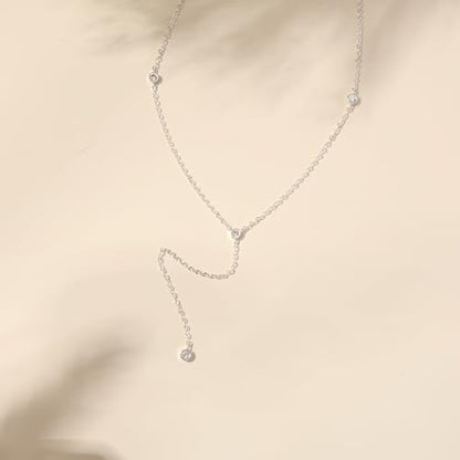 LuckFairy Lariat Necklace for Women，Dainty Gold Long Necklaces 14k Gold Plated CZ Lips Bead Y-Shaped Drop Chain Necklace Simple Gold Layered Necklaces for Women Trendy Gold Jewelry Gifts for Women - color: Silver Lariat Necklace