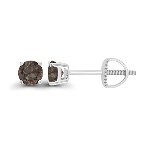 14K Gold Plated 925 Sterling Silver Hypoallergenic 4mm Round Genuine Birthstone Solitaire Screwback Stud Earrings - color: Smokey Quartz