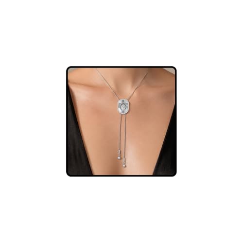 925 Sterling Silver Lariet Necklace, 14K Yellow Gold Long Y Necklace with Zircon Geometric Long Pendant Necklace for Women, Vintage Charm Silver Lariat Jewelry Accessories - color: Cowboy Necklace