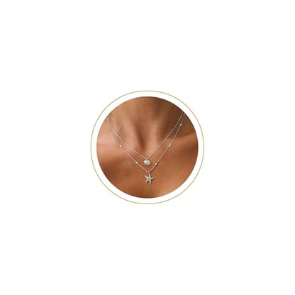 Shell Starfish Charm for Women, Dainty Layered 14K Gold Plated Seashell Conch Starfish Pearl Pendant Necklace for Women Stack Trendy Beach Cuban Link CZ Chain Necklace Summer Vacation Jewelry - color: 2PCS / Silver Starfish & Shell Pearl
