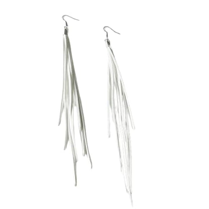 Leather Tassel Earrings Bohemian Tassel Fringe Dangle Earrings Boho Handmade Leather Feather Long Tassel Earrings Western Jewelry for Women - color: White