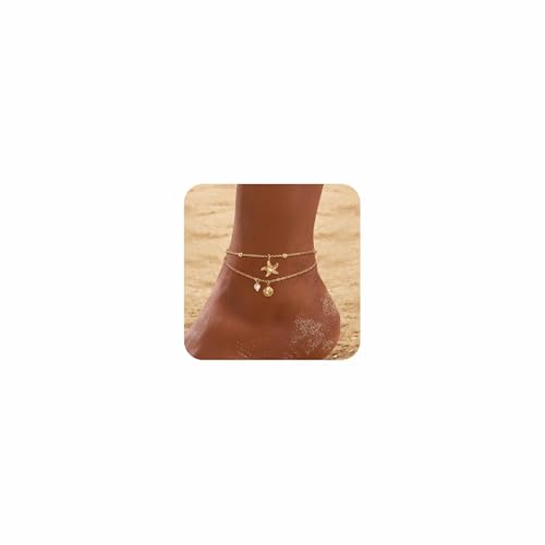 Gold Ankle Bracelets for Women, Waterproof Anklets Dainty Beach Anklet Adjustable Link Chain Cute Stainless Steel Anklets Summer Beach Shell Starfish Pearl Foot Jewelry Non Tarnish Lightweight - color: Anklet-Gold