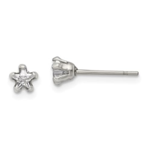 Diamond2Deal Stainless Steel Polished 4mm Star Cubic Zirconia Stud Earrings Len-0.18 In, Wid-0.19 In