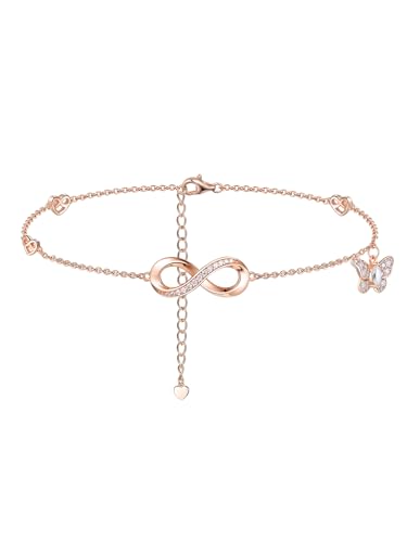 Moissanite Infinity Anklet for Women, Real Authentic 925 Sterling Silver Hypoallergenic, Beautiful Summer Jewelry, Dainty Ankle Bracelet, 8.6-10.6inch (21-26cm) Adjustable - color: Romantic Infinity & Butterfly - Rose Gold