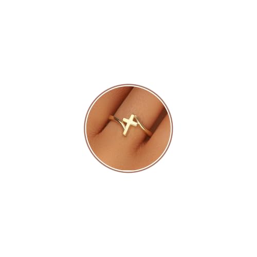 Gold Cross Statement Rings for Women 14K Gold Silver Tone Non Tarnish Cute Band High Polished Smooth Comfort Fit Size 5-10 - color: A-Gold