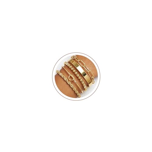PLOMFOV Gold Bracelets for Women Stack Non Tarnish 14K Gold Plated Chunky Gold Bangles Bracelet Set Beaded Paperclip Chain Cuban Link Dainty Trendy Waterproof Stackable Cuff Bracelets Jewelry Gifts for Women - color: 5Pcs Gold-Bead Set