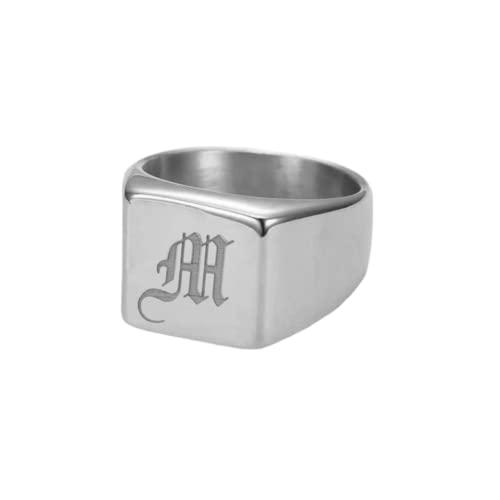 925 Sterling Silver Personalized Square Signet Old English Initial Ring Custom Womens Mens Letter Jewelry - color: Silver