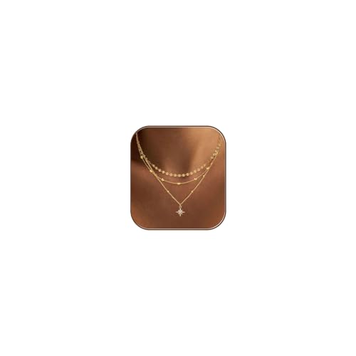 Ewrkbr Layered Necklaces for Women, Dainty Gold Necklace Stack 14k Gold Plated Layering Beaded Chain Choker Necklaces for Women Trendy Simple Disc Star Pendant Necklace Set Fashion Waterproof Jewelry - color: Gold-PP+Sun