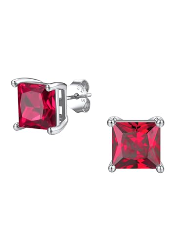 FindChic 2 Carat Birthstone Stud Earrings for Women, Round/Heart/Princess Cut Stud Earrings, Hypoallergenic Studs with 925 Sterling Silver Posts, 12 Months Birthday Jewelry Gift - color: 07. July-Ruby(Princess Cut)