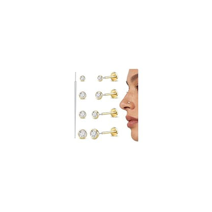 GEMQUEEN 4 Pairs 16G/18G/20G G23 Titanium Implant Grade Nose Studs Threadless Flat Back Earrings Hypoallergenic Flatback 5A CZ Cartilage Helix Tragus Conch Tiny Lip Piercing Jewelry for Women Men - color: Gold-20G(0.8MM)-Bar-6/8MM&CZ-2/3/4MM
