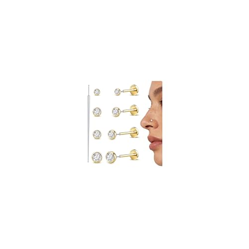 GEMQUEEN 4 Pairs 16G/18G/20G G23 Titanium Implant Grade Nose Studs Threadless Flat Back Earrings Hypoallergenic Flatback 5A CZ Cartilage Helix Tragus Conch Tiny Lip Piercing Jewelry for Women Men - color: Gold-20G(0.8MM)-Bar-6/8MM&CZ-2/3/4MM