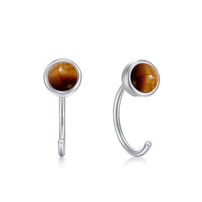 CHIC & ARTSY 925 Sterling Silver Half Hoop Earrings for Women, Dainty Huggie Hoops with Synthetic Opal, Moonstone, CZ & Gemstones, Lightweight Comfort Fit Everyday Elegant Jewelry - color: Synthetic Tiger's Eye/Silver