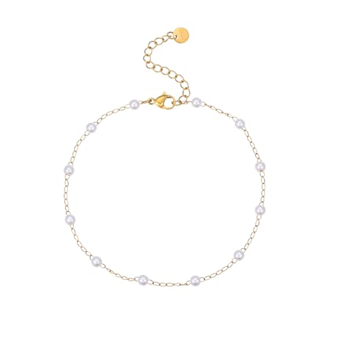 Ankle Bracelets for Women 18K Gold Plated Dainty Layering Anklets for Women Layered Twisted Rope Coin Chain Anklet Bracelets Waterproof Beach Summer Foot Jewelry - color: Pearl Chain-Gold