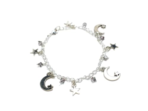 Handmade Moon and Star Charm Bracelet, Silver Plated Celestial Jewelry with Mauve Faceted Glass Beads, 7 Inch