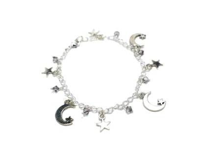 Handmade Moon and Star Charm Bracelet, Silver Plated Celestial Jewelry with Mauve Faceted Glass Beads, 7 Inch