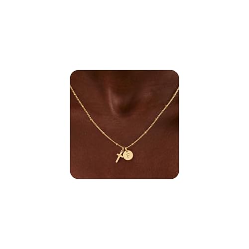 Turandoss Cross Necklaces for Girls, Faith Baptism Jewelry Birthday Gifts | 14K Gold Plated Initial A-Z Cross Pendant Necklace Trendy Birthday Jewelry Gifts for 8 9 10 11 12 13 14 15 16 Teen Girls - color: Gold-F