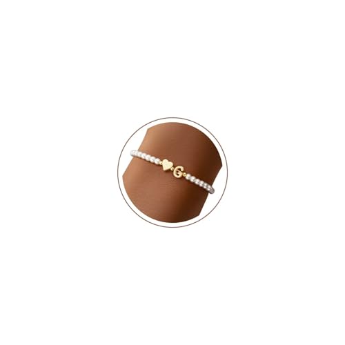 M MOOHAM Pearl Initial Bracelets for Teen Girls, Heart Letter A-Z Bracelets | 14K Gold Plated Heart Letter Bracelet, Dainty Stretch Pearl Initial Bracelet, 6-14 Year Old Girl Birthday Gifts for Teen Girl - color: G