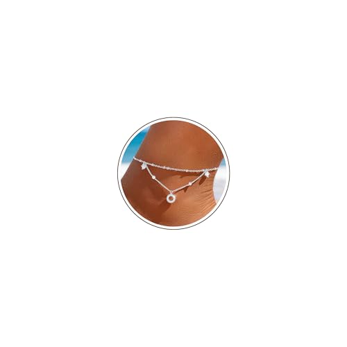 Sterling Silver Ankle Bracelets for Women 14k Gold Plated Waterproof Layered Stackable CZ Charm Non Tarnish Adjustable Anklet for Summer Beach Birthday Jewelry Gift - color: silver E