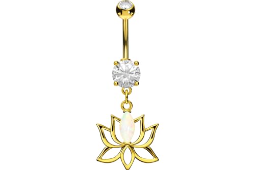 PIERCINGLINE Surgical steel belly button piercing dangle LOTUS BLOSSOM WITH SYNTHETIC OPAL 14 G belly button ring surgical steel belly piercing new version with improved durability - color: Gold-colored