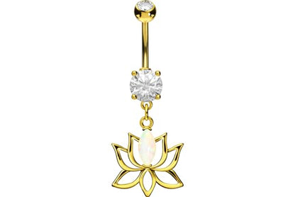 PIERCINGLINE Surgical steel belly button piercing dangle LOTUS BLOSSOM WITH SYNTHETIC OPAL 14 G belly button ring surgical steel belly piercing new version with improved durability - color: Gold-colored