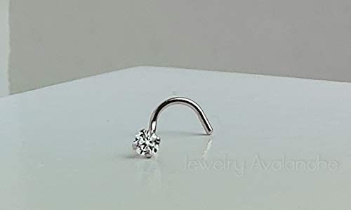 Jewelry Avalanche Solid 14Kt Gold Nose Screw, 24G Nose Hook, Nose Stud, 14kt Yellow Gold or 14kt White Gold Nose Ring Prong Set CZ Accent - style: 14kt white gold w/ 2mm cz