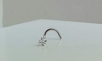 Jewelry Avalanche Solid 14Kt Gold Nose Screw, 24G Nose Hook, Nose Stud, 14kt Yellow Gold or 14kt White Gold Nose Ring Prong Set CZ Accent - style: 14kt white gold w/ 2mm cz