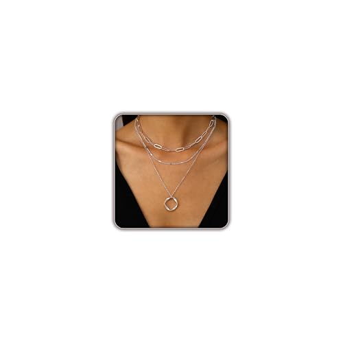 Layered Gold Necklace for Women Trendy,14K Gold Plated Dainty Stackable Cuban Link Herringbone Paperclip Chain Diamond/Coin/Cross/Tag/Mobius Pendant Necklace Set Fashion Jewelry Christmas Gifts - color: Silver Twist Circle