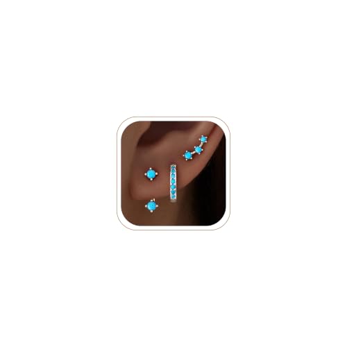 3 Pairs Dainty Small Earrings Set for Women Trendy, Birthstone Stud Huggie Hoop Jacket Stack for Cartilage Helix, Gold Plated Hypoallergenic Cute Women Fashion Accessories Western Jewelry Gifts - color: Created Turquoise (Gold)