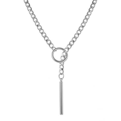 Heart O Ring Slip Chain Necklaces for Women and Men Stainless Steel Long Cuban Chain Bar Necklace Punk Rock Collar Necklaces Handmade Adjustable Lariat Y Necklace - color: Silver Bar