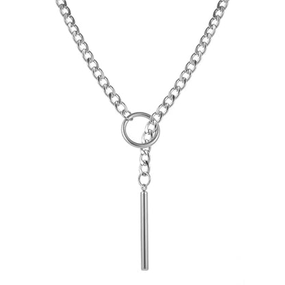 Heart O Ring Slip Chain Necklaces for Women and Men Stainless Steel Long Cuban Chain Bar Necklace Punk Rock Collar Necklaces Handmade Adjustable Lariat Y Necklace - color: Silver Bar