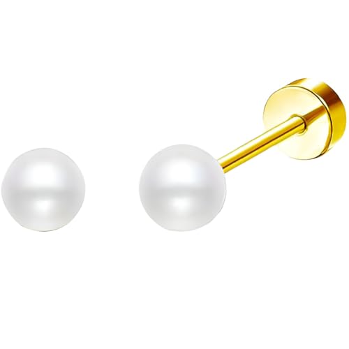 Stainless Steel Stud Earring 1 Pair Gold Flatback Earrings Hypoallergenic Screwback Jewellery Flat Back Helix Jewelry for Sensitive Ears Women Ladies Aretes De Mujer - style: Pearl