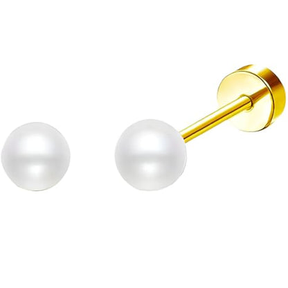 Stainless Steel Stud Earring 1 Pair Gold Flatback Earrings Hypoallergenic Screwback Jewellery Flat Back Helix Jewelry for Sensitive Ears Women Ladies Aretes De Mujer - style: Pearl