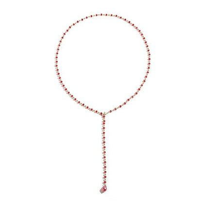 Long Faux Pearl Beaded Y Tassel Lariat Necklace for Women,Boho Dainty Chain Crystal Rhinestone Statement Necklace Fashion Lightweight Jewelry Gifts - color: Red