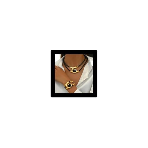 Gold Jewelry Set, Bohemian Double-Layer Black Rope With Oval Black Acrylic Pendant Necklace And Bracelet Set Vintage Trendy Golden Necklaces Bracelets For Women Gift - color: Gold&Black