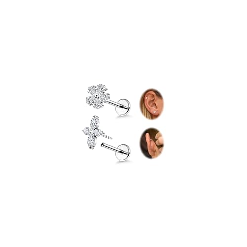 NICEIGHT 2Pcs 16G 18G F136 Titanium Threadless Cartilage Earrings Stud for Women Flat Back Push in Helix Tragus Labret Monroe Stud Hypoallergenic Flower Conch Lobe Stud Piercing Jewelry 6/8MM - color: Silver, size: 18G