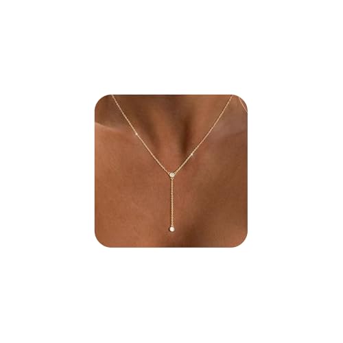 LULII Gold Necklace for Women Trendy Lariat Y Necklace Dainty 14k Gold Plated/Silver Long Necklaces for Women Layered Beaded Drop Necklaces Simple Y-Shaped Chain Jewelry Gifts - color: Y CZ Necklace-Gold
