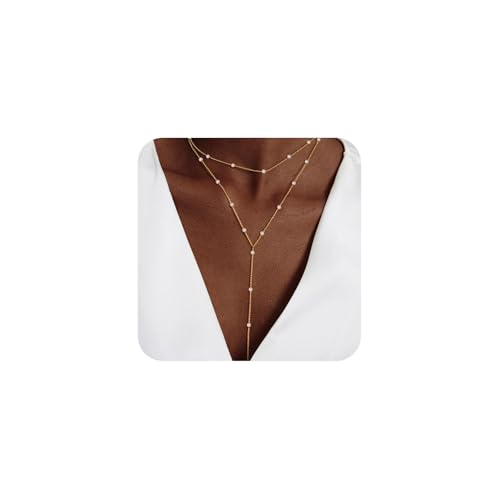 LULII Gold Necklace for Women Trendy Lariat Y Necklace Dainty 14k Gold Plated/Silver Long Necklaces for Women Layered Beaded Drop Necklaces Simple Y-Shaped Chain Jewelry Gifts - color: Y Layered Pearl Necklace-Gold