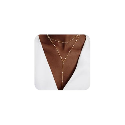 LULII Gold Necklace for Women Trendy Lariat Y Necklace Dainty 14k Gold Plated/Silver Long Necklaces for Women Layered Beaded Drop Necklaces Simple Y-Shaped Chain Jewelry Gifts - color: Y Layered Pearl Necklace-Gold