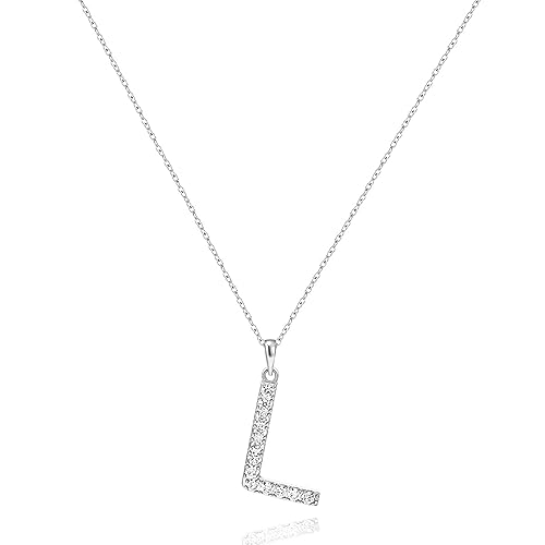 Tarsus Initial Cubic Zirconia Necklace for Women Teens | Jewelry Gifts for Women Adjustable Chain 18" + 2" - style: Silver-L-Diamond style