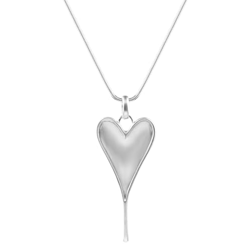 Long Heart Necklaces for Women 14K Gold-Silver Plated Trendy Brushed Chunky Pendant Layered Y Necklace Jewelry for Women With Gifts Box - color: SILVER