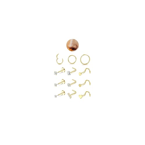 JeryWe 12PCS Nose Rings for Women - Gold Plated Hypoallergenic Surgical Steel Nose Rings Hoops Lip Septum Clicker Ring CZ Screw L Shaped Studs Threadless Flat Back Stud Nostril Piercing Jewelry - color: Gold Tone - Heart