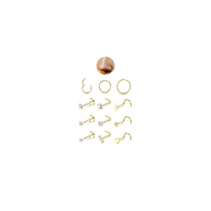 JeryWe 12PCS Nose Rings for Women - Gold Plated Hypoallergenic Surgical Steel Nose Rings Hoops Lip Septum Clicker Ring CZ Screw L Shaped Studs Threadless Flat Back Stud Nostril Piercing Jewelry - color: Gold Tone - Heart