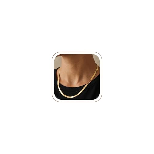 14K Gold/Silver Plated Stainless Steel Herringbone Necklace for Women, Dainty Snake Chain Choker, Trendy Simple Long Layered Jewelry, Non Tarnish 4mm Flexible Flat Necklace, Made in Italy - color: G-16