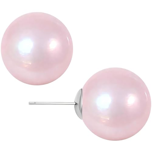 Light Pink Faux Pearl Stud Earrings, S925 Silver Posts Hypoallergenic for Women - size: 12mm