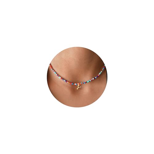 Yoosteel Colorful Beaded Initial Necklace for Girls Kids Teen Girl Gifts | Boho Initial Necklace, Cute Choker Letter Necklace for Girls Women, Kids Jewelry for Girls, Back to School Birthday Gifts - color: 18K-Gold-Plated, style: Y