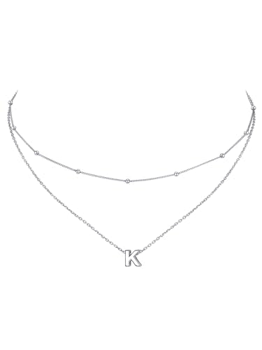 ChicSilver Layered Initial Necklace for Women, 925 Sterling Silver Personalized Letter A-Z Pendant Necklaces, Hypoallergenic Silver Choker with Adjustable 16" Rolo Chain, Dainty Birthday jewelry - style: K