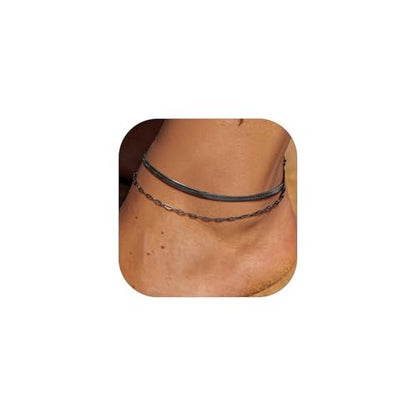 PROSTEEL Ankle Bracelets for Women Waterproof, Layered Stainless Steel Summer Beach anklets, Silver/Gold 8-10.5 Inch Adjustable, Come with Box - color: Black, size: snake & paperclip