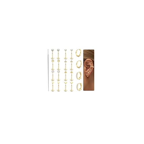 Sanfenly Threadless Flat Back Earrings Studs 316L Surgical Steel Cartilage Earrings for Women Men Push in Nose Rings Studs 20G 18G 16G CZ Opal Tragus Helix Conch Lip Labret Medusa Nostril Piercing Jewelry Hypoallergenic - color: 14K Gold, size: 18g=1.0mm